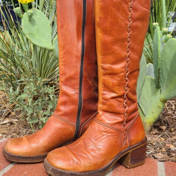 Vtg 70's Braided Brown Caramel Leather Campus Boots (7 B) Wild Card Brazil Read - Picture 16 of 16